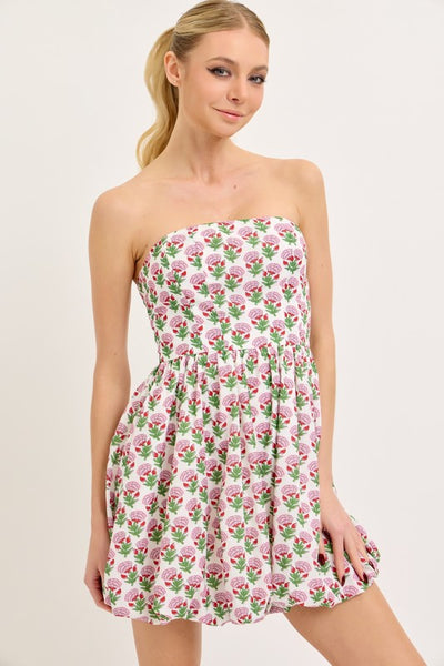 Strapless Floral Bubble Hem Mini Dress