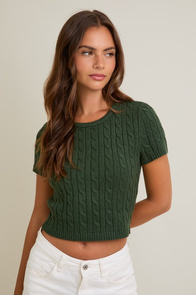 Short Sleeve Cable Sweater Top- Dark Green