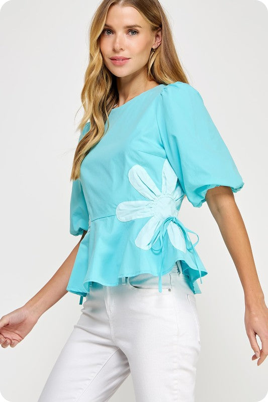 Flower Color-Block Poplin Top- Aqua Blue