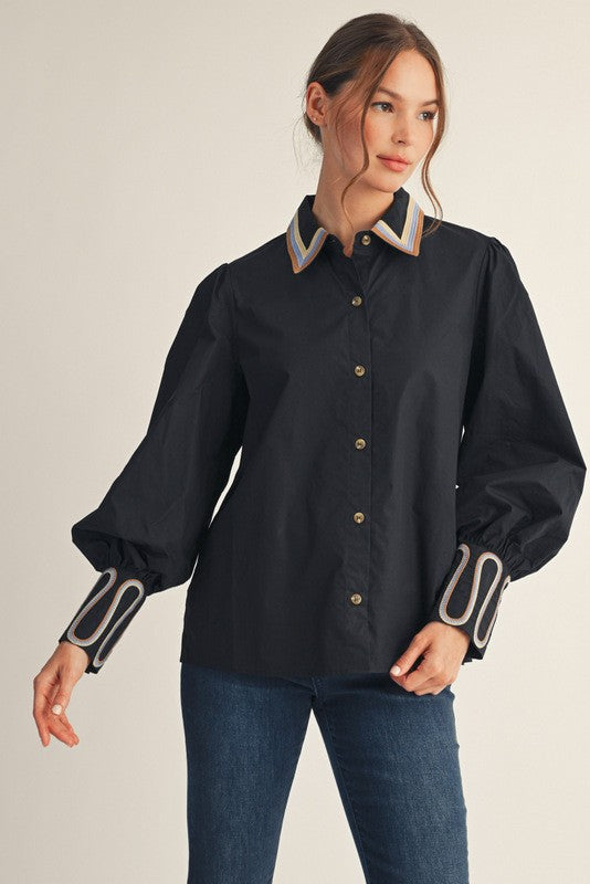 Black Embroidery Accent Button Down Shirt