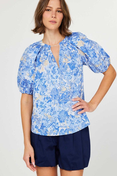 Bright Blue Floral Puff Sleeve Top