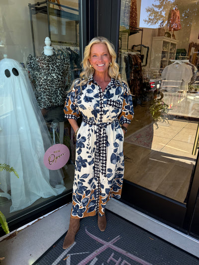 Fall Botanical Print Midi Dress