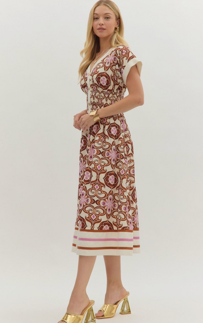 Brown and Pink Smocked Waist Midi Dress