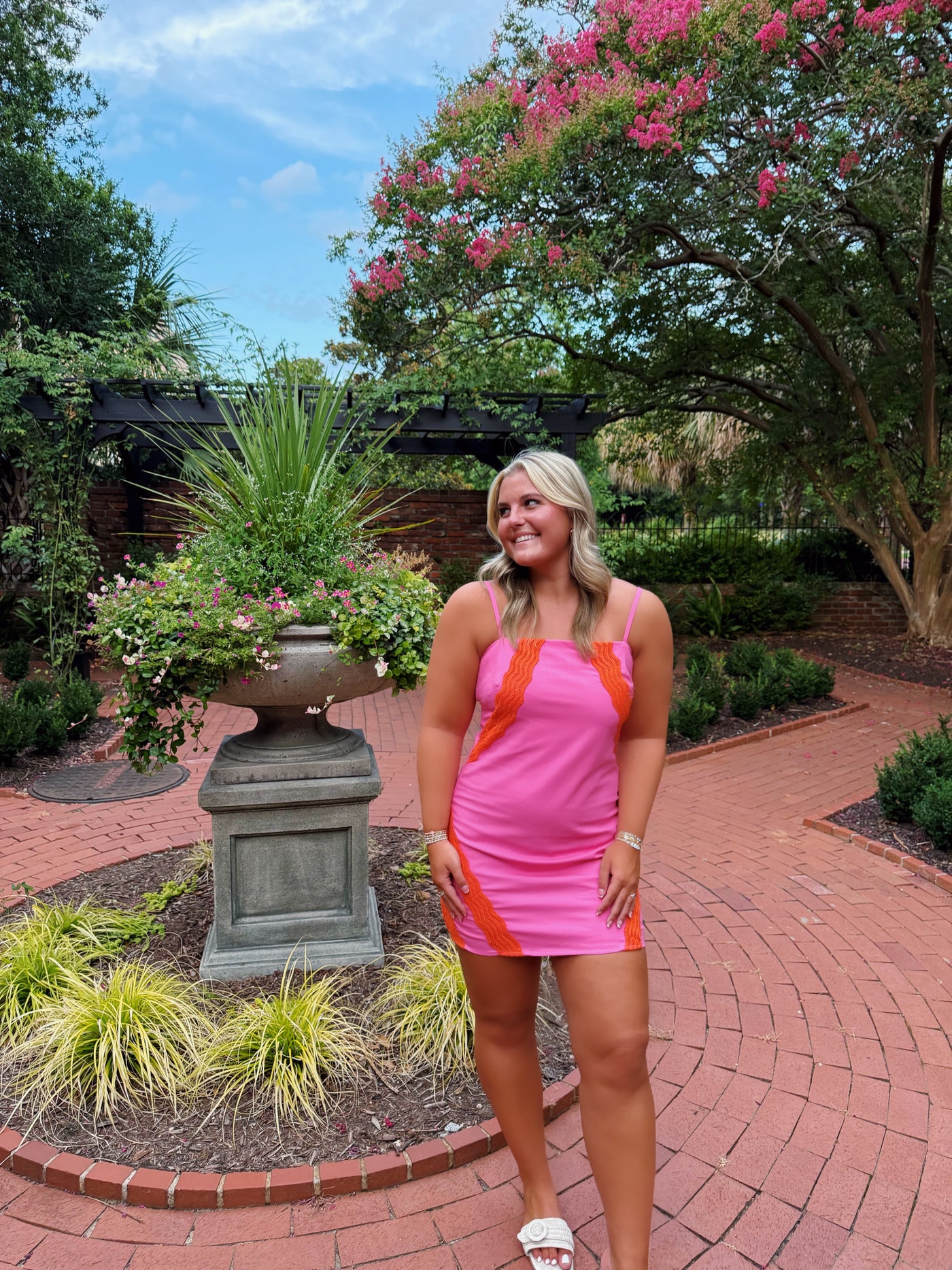 Pink and Orange Wavy Lace Linen Mini Dress