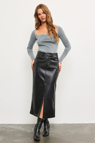 Belt Detail Front Slit Midi Skirt