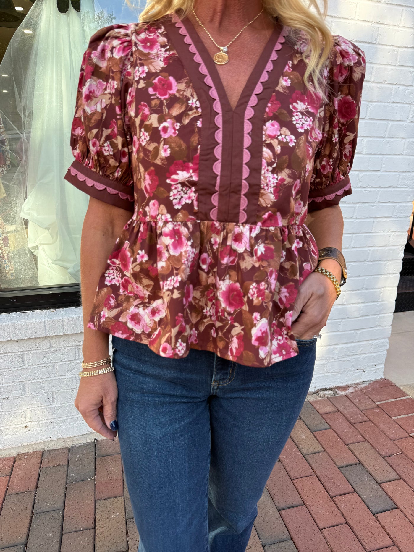 Brown Floral Scallop Detail Top