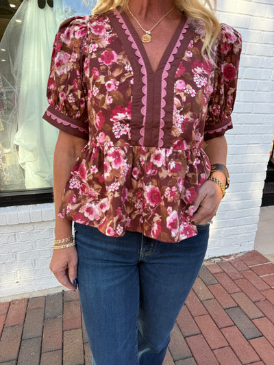 Brown Floral Scallop Detail Top