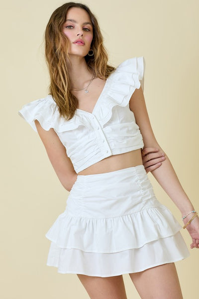 White Ruched Ruffle Detail Set