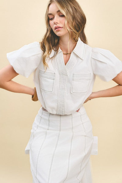 Bubble Sleeve Contrast Stitch Top