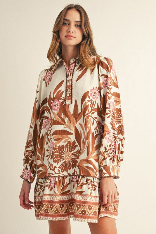Toffee Lace Trim Floral Dress
