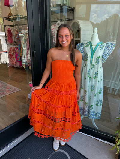 Eyelet Embroidered Lace Tube Dress- Orange