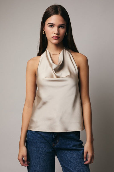 High Cowl Neck Halter Satin Top