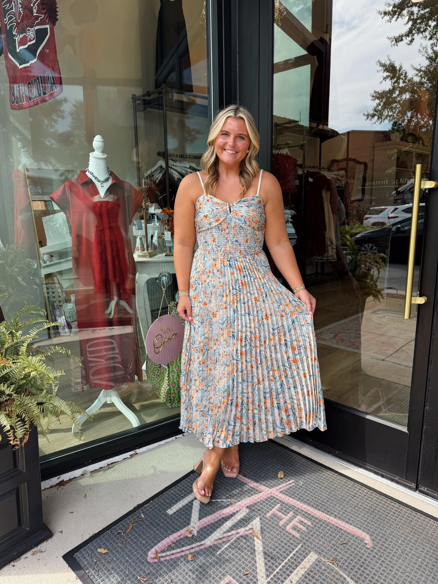Pleated Blue Floral Midi Dress