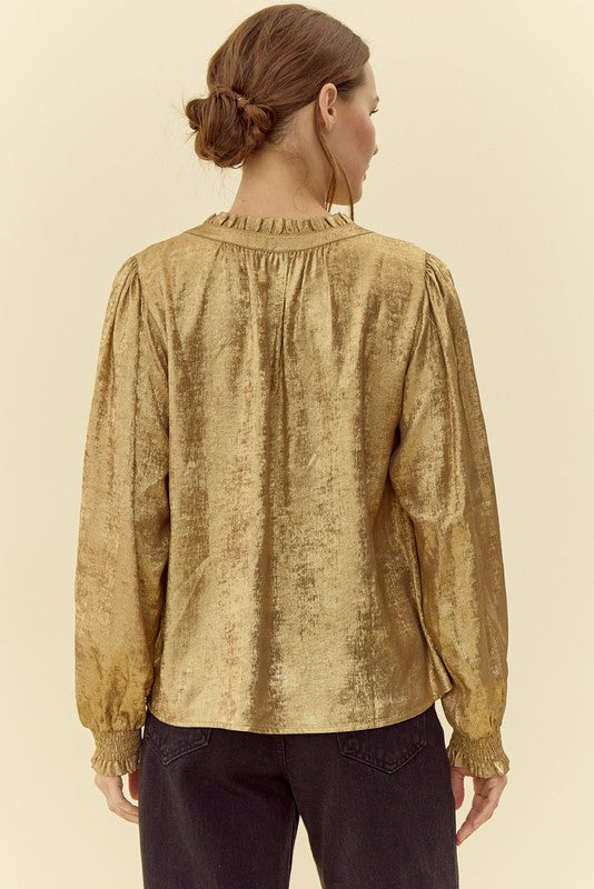 Golden Metallic Ruffle Neck Top