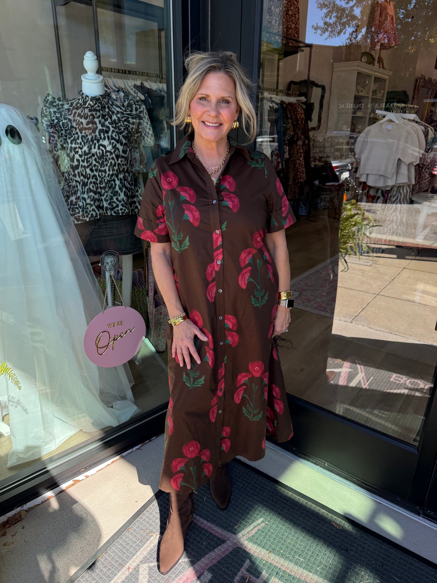 Brown Floral Button Down Midi Dress