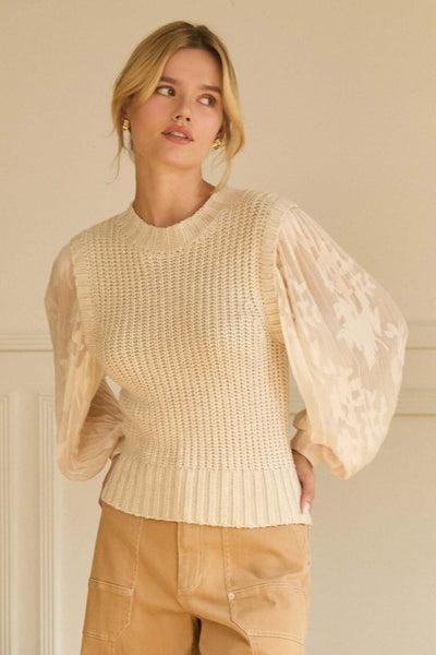 Cream Textured Balloon Sleeve Top