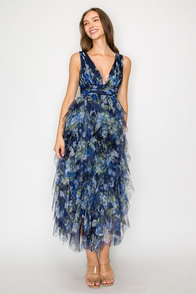 Navy Floral Tulle Midi Dress