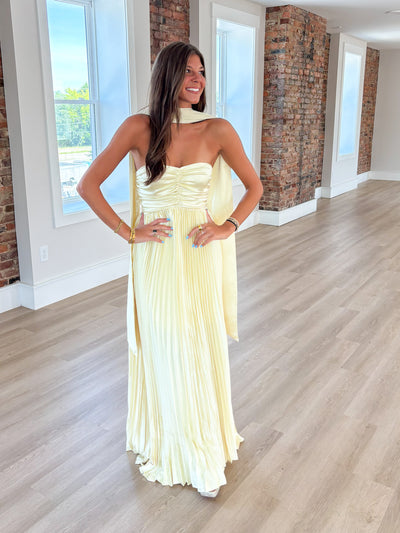 Butter Yellow Scarf Detail Pleated Satin Maxi Dress