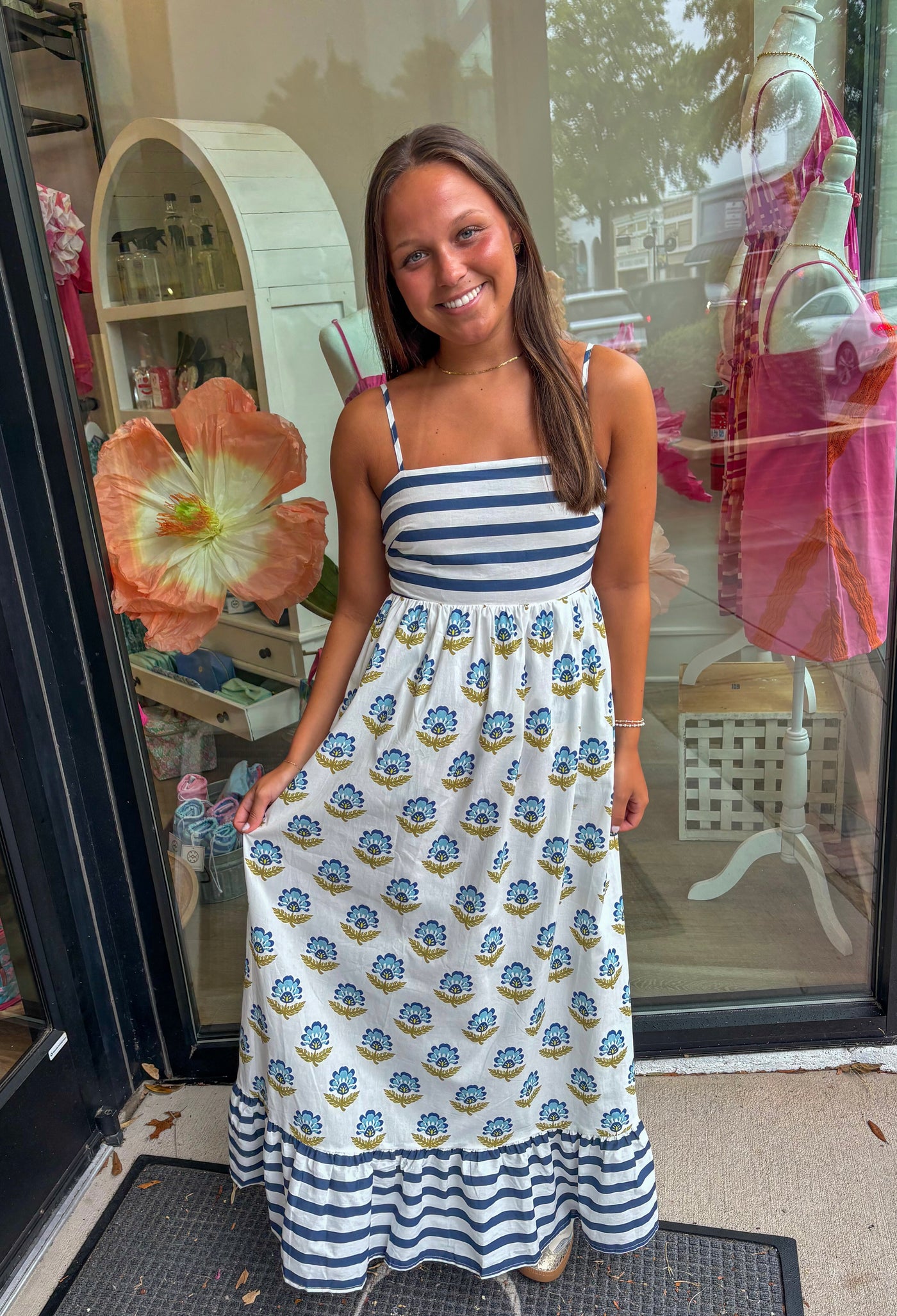 Stripe and Block Print Midi Dress