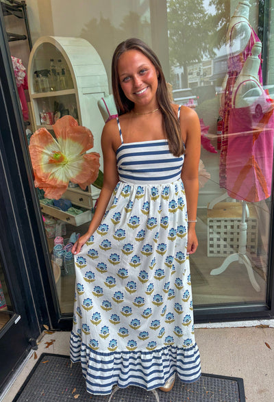 Stripe and Block Print Midi Dress