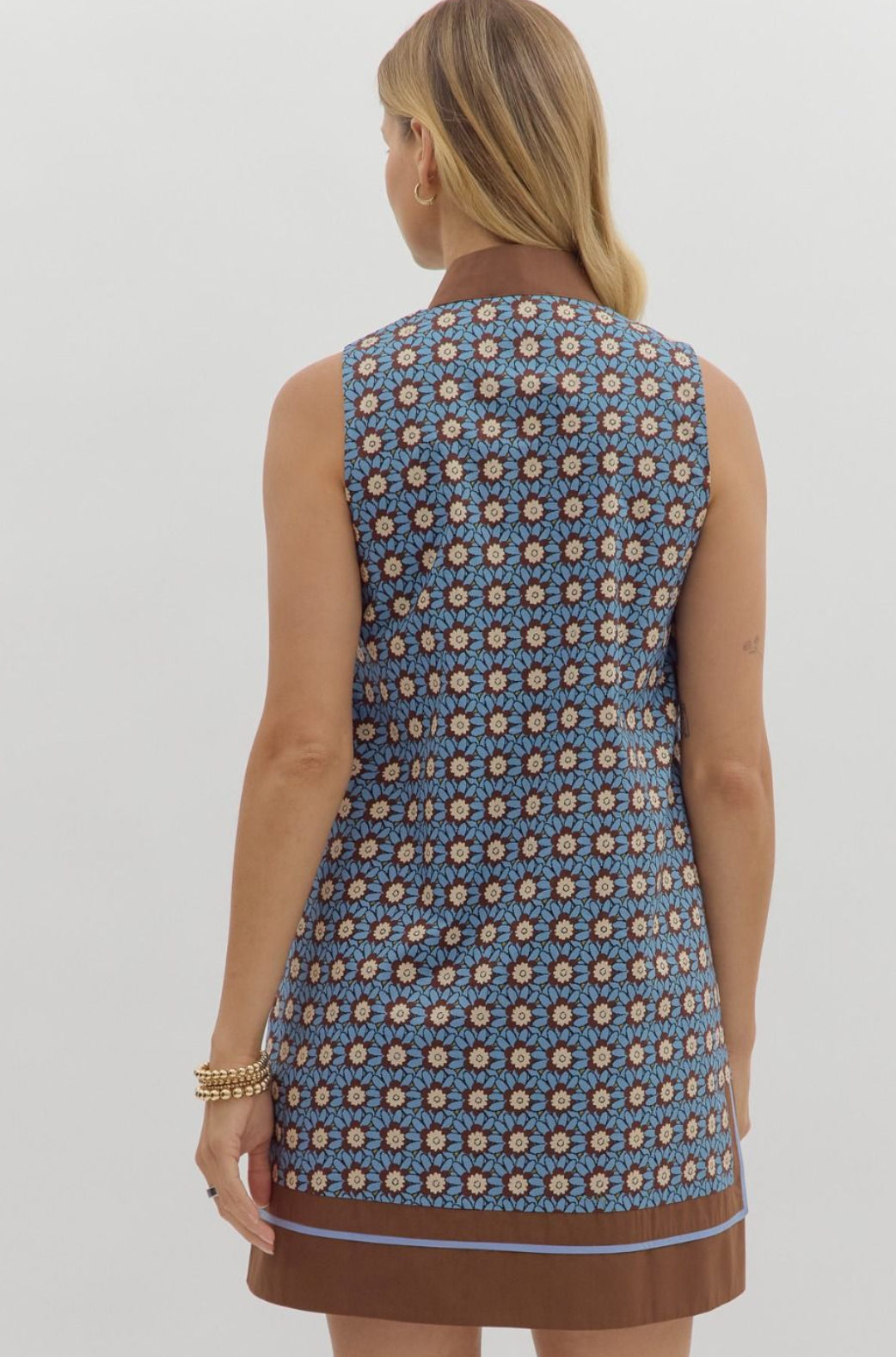 Sleeveless Floral V-Neck Mini Dress- Blue/Brown