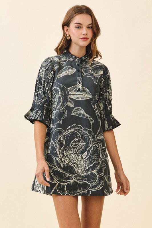 Black Floral Print Ruffle Trim Mini Dress