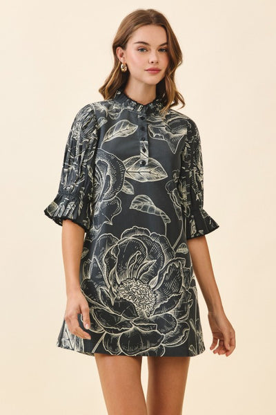 Black Floral Print Ruffle Trim Mini Dress