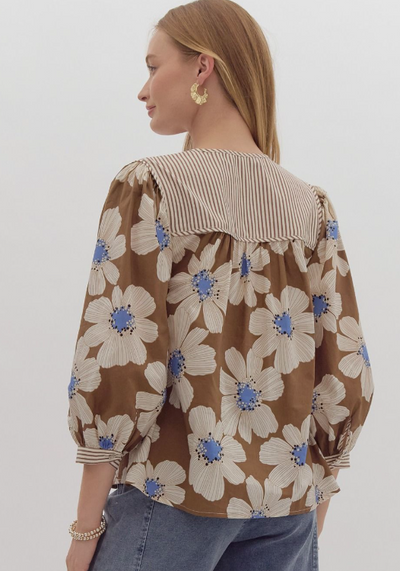 Bold Flower Print Balloon Sleeve Top