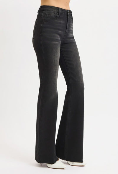 Black Wash High Rise Flare Raw Cut Hem Denim