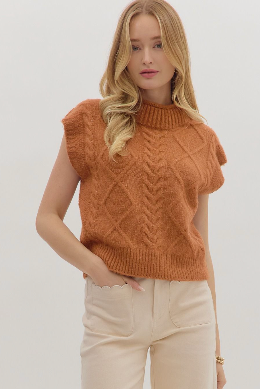 Mock Neck Cable Knit Sleeveless Sweater