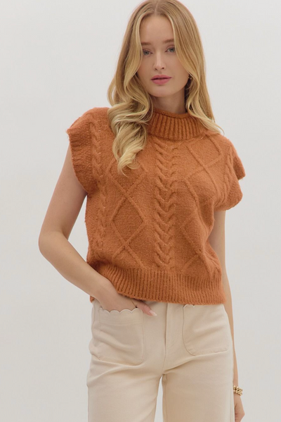 Mock Neck Cable Knit Sleeveless Sweater