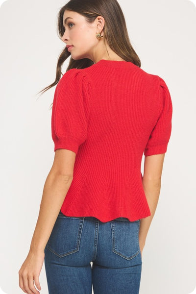 Flared Puff Sleeve Knit Top- Red