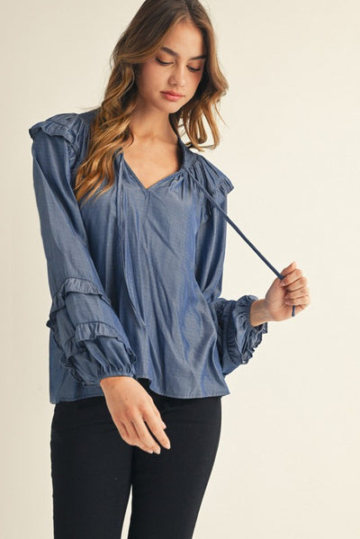 Chambray Ruffled Shoulder Long Sleeve Top