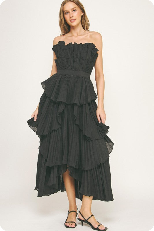 Pleated Layered Ruffle Maxi Dress- Black