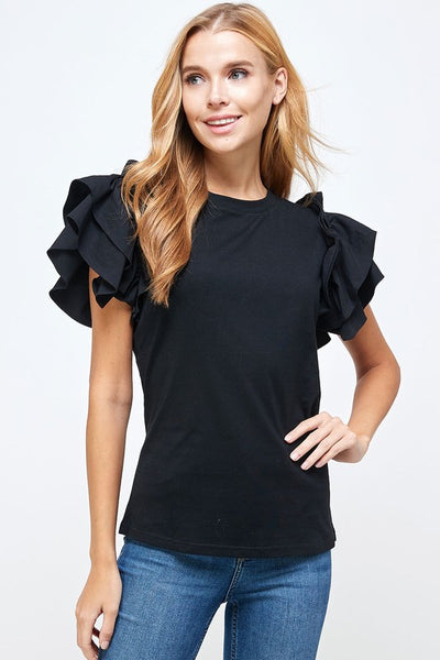 Flutter Ruffle Sleeve  Game Day Top- Black