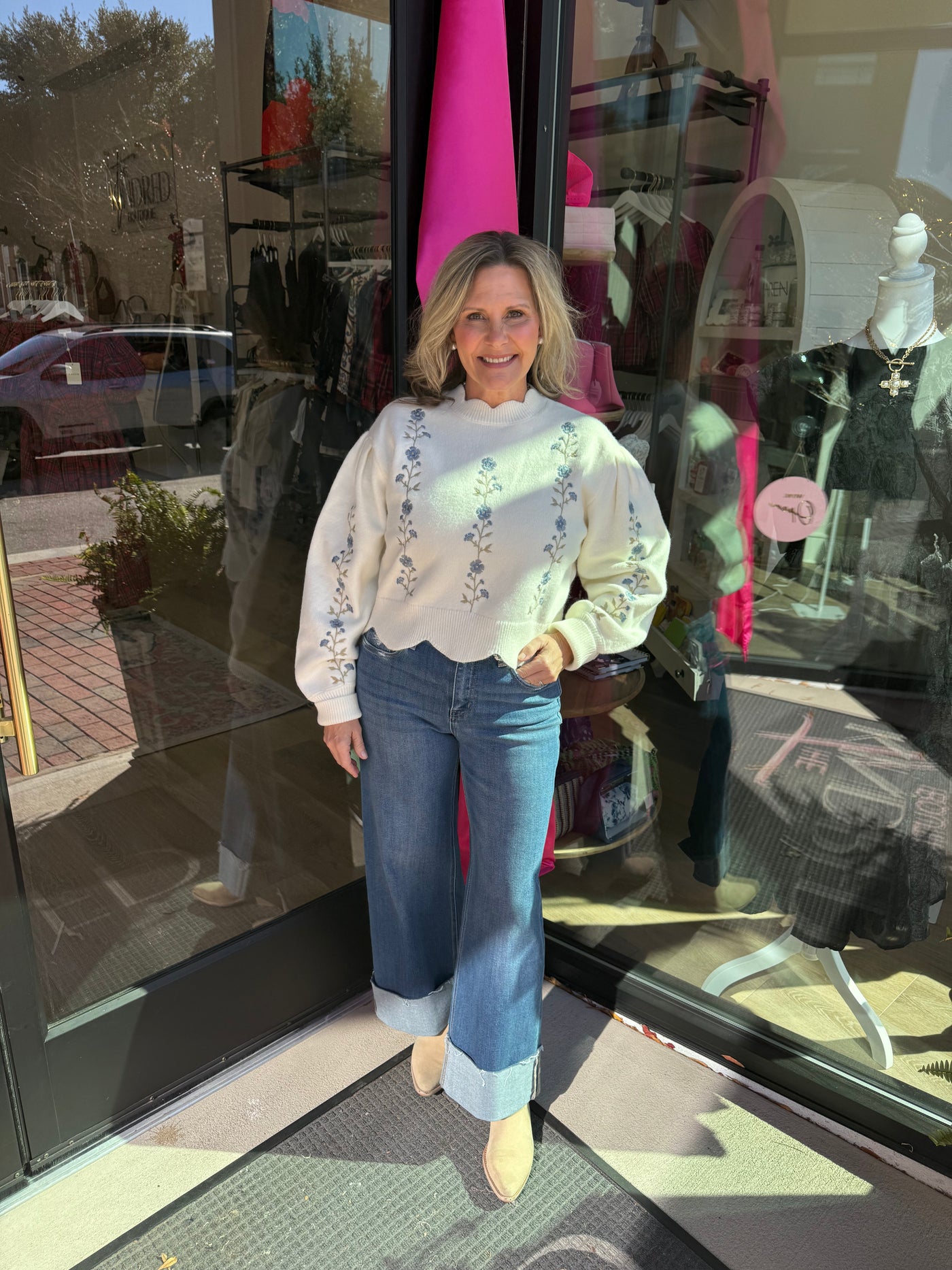 Floral Embroidered Scalloped Sweater