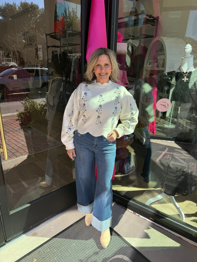 Floral Embroidered Scalloped Sweater