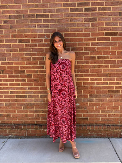 Strapless Pink and Red Floral Maxi Dress
