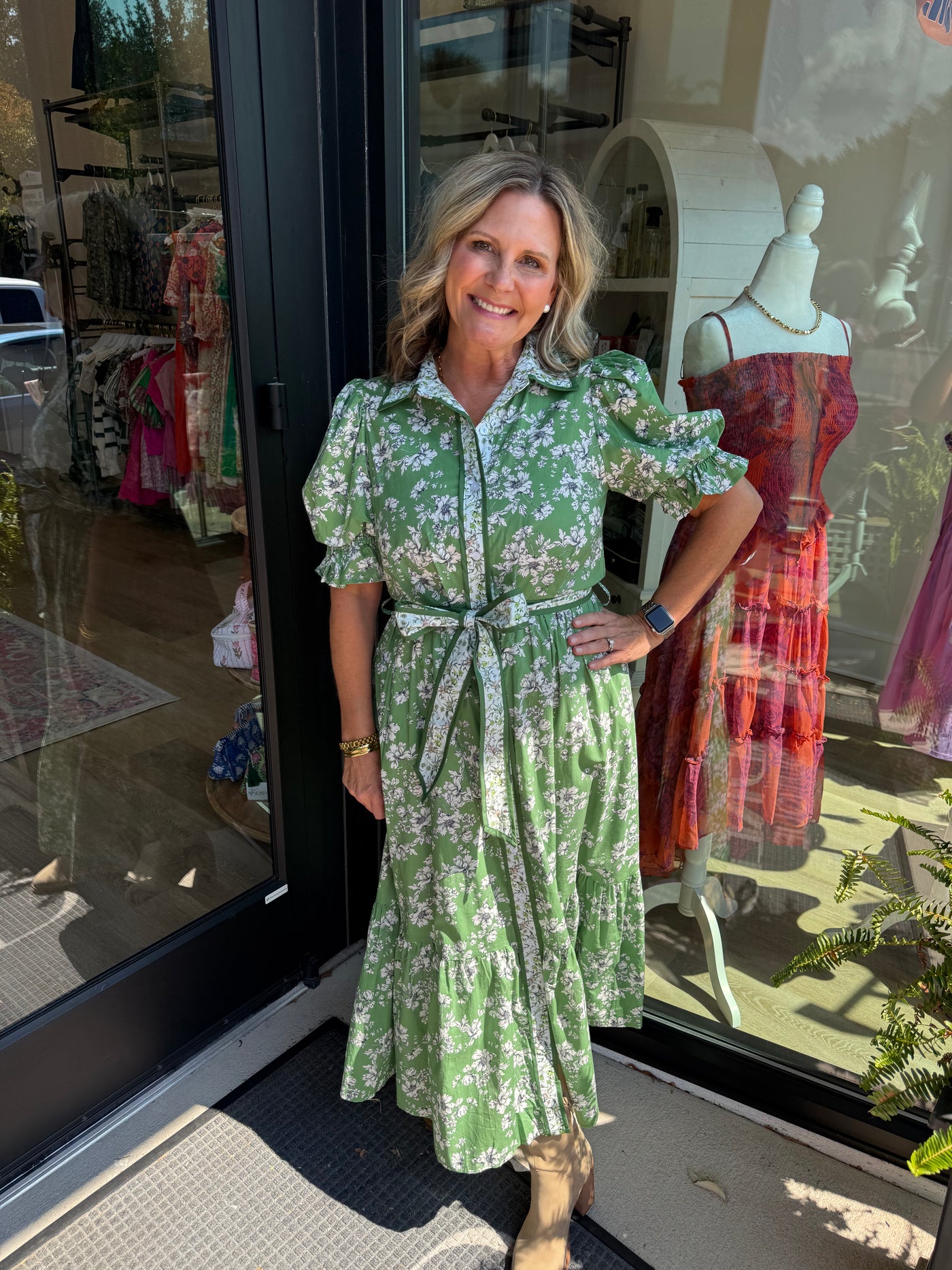 Green Floral Print Bubble Sleeve Midi Dress