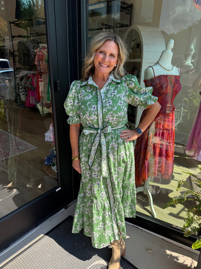 Green Floral Print Bubble Sleeve Midi Dress