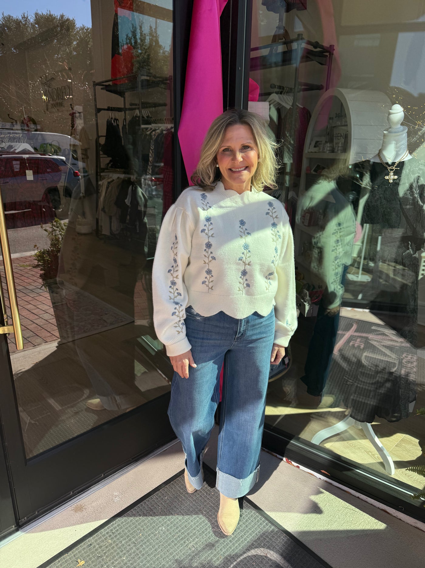 Floral Embroidered Scalloped Sweater