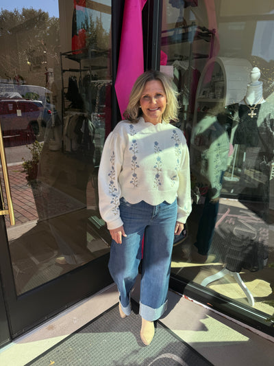 Floral Embroidered Scalloped Sweater