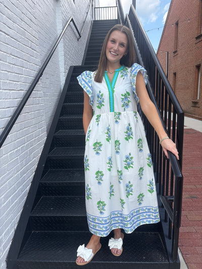 Floral Print Border Pattern Midi Dress
