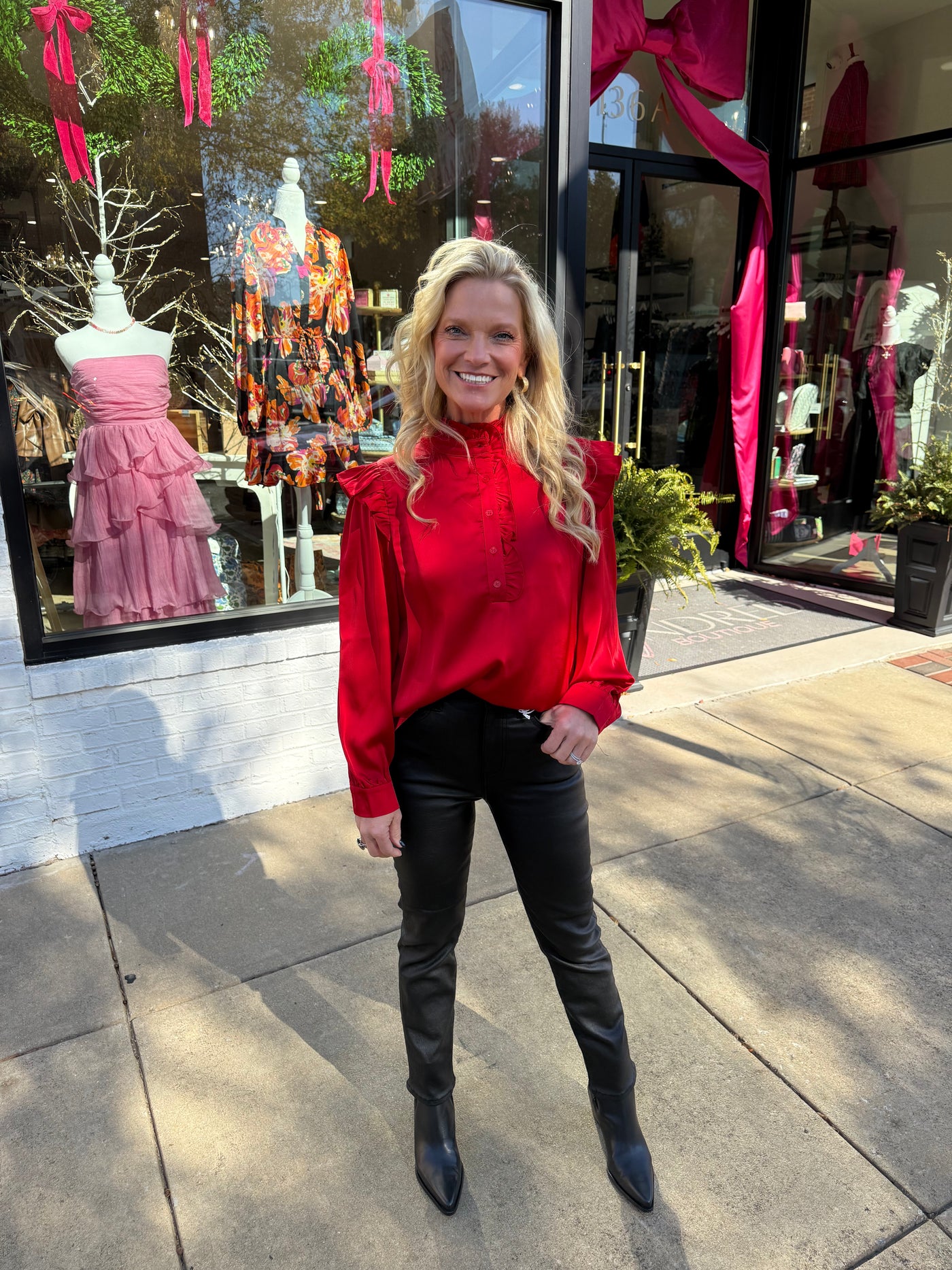 Red Ruffle Detail Solid Satin Top