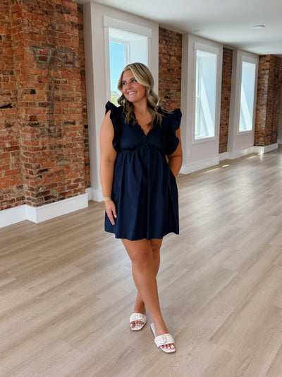 Navy Ruffle Detail V-Neck Mini Dress