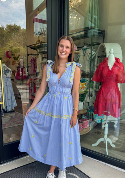 Lemon Embroidered Striped Midi Dress