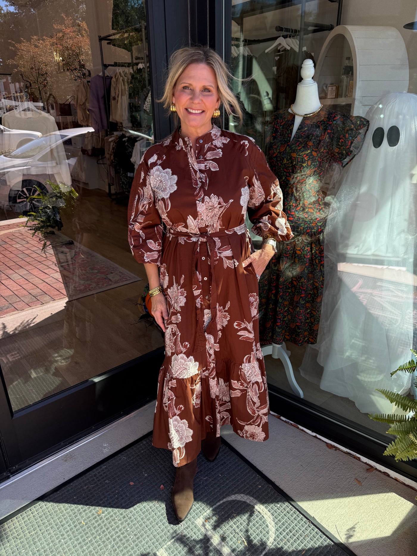 Brown Floral Print Long Sleeve Midi Dress