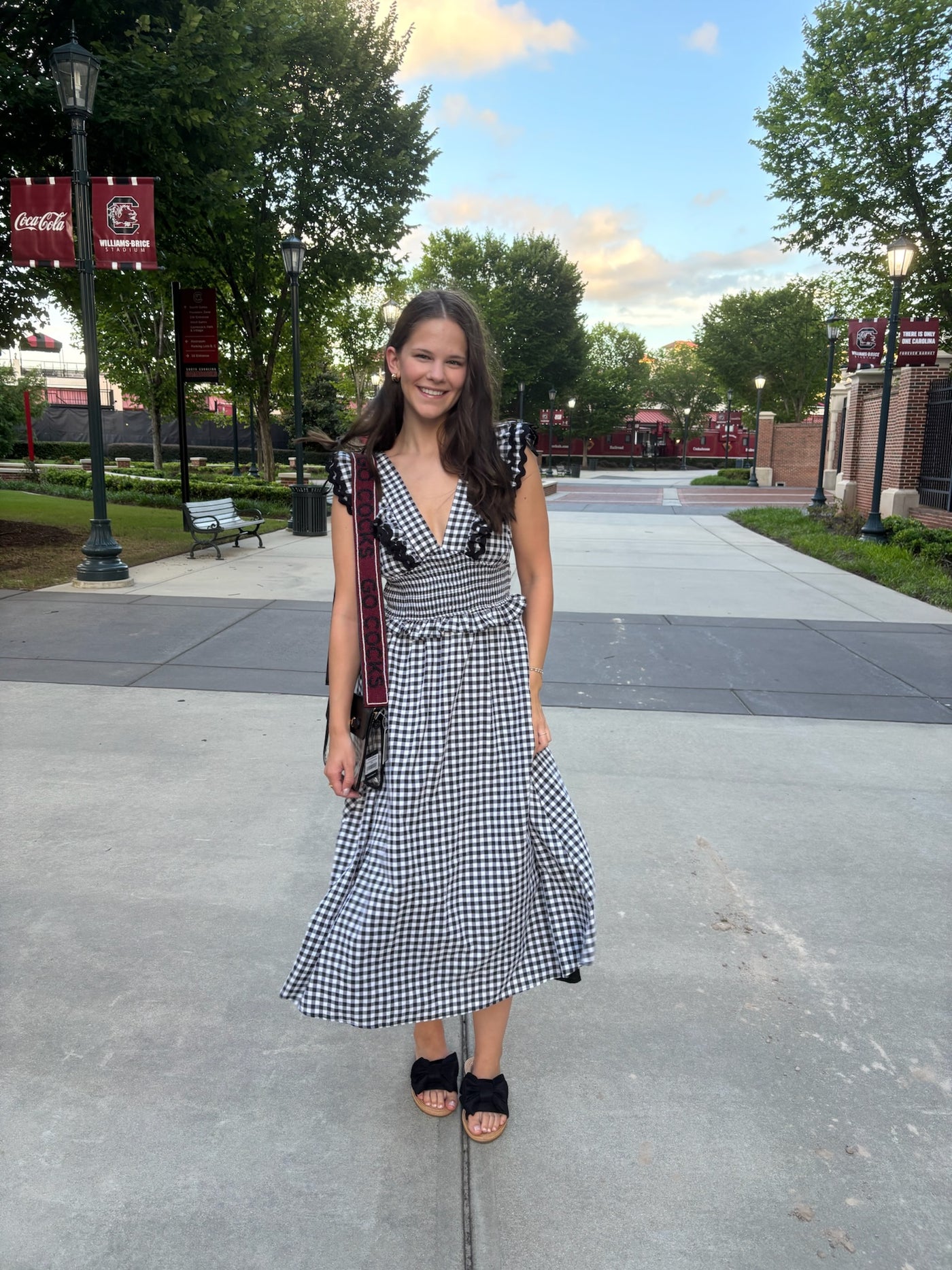 Gingham Ruffled V Neckline Midi Dress