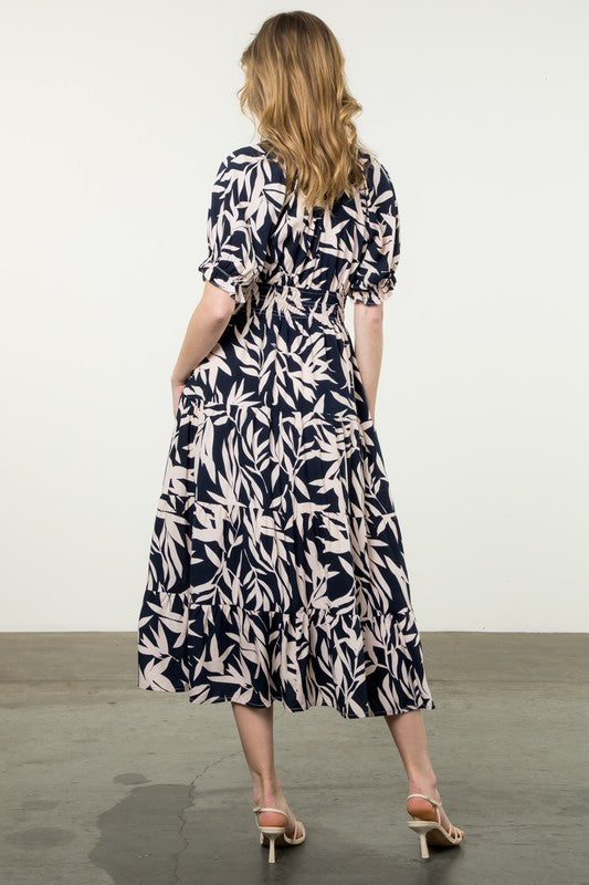 Navy and White Leaf Print Maxi Dress