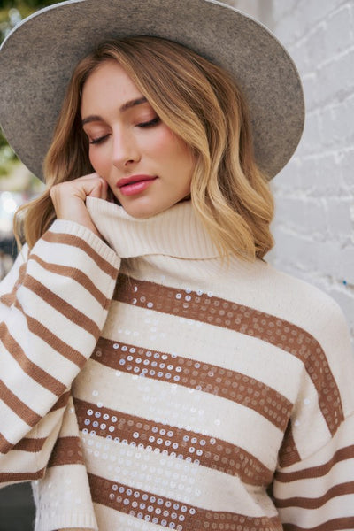 Sequin Striped Turtleneck Cropped Sweater